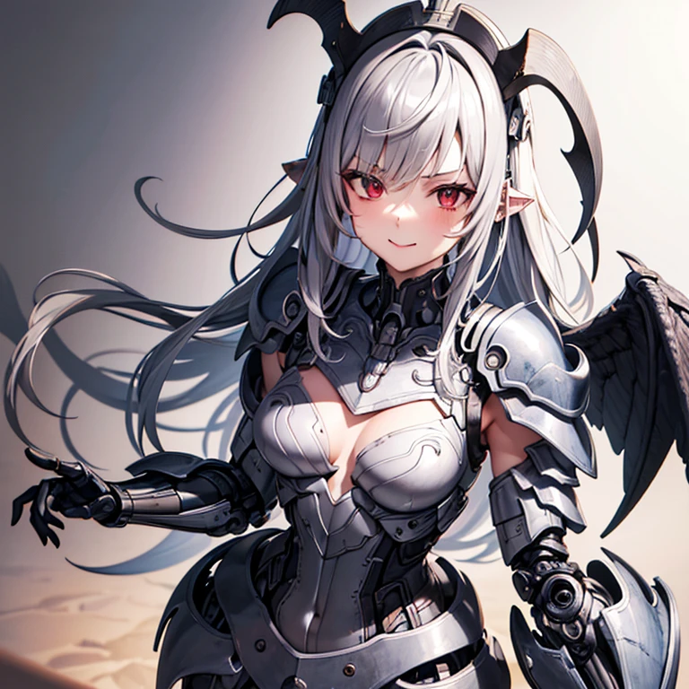 (best quality, masterpiece), 1girl, 15 yo,cute, standing girl, three view drawing, front and back and side, character sheet,full body,simple background, High resolution, gauze, smile, Shortcuts, bangs, Red eyes, Headpiece, Bangs between the eyes, Headband, Horns of the beast, multiview, Decorative art, masterpiece, accurate, Anatomically correct, 最high quality, High resolution, High detail, High-resolution model, high quality, Very detailed, Grey Hair, Silver Hair, Intersecting bangs, chest, Hide your ears, Open your mouth a little, tooth, Smiling with teeth showing, Slanted Eyes, Character portrait, Setting diagram, Status Table, bonus, Character Design画, Headband, Mole at the corner of the mouth, Feather Hair Accessories, Drop Shadow, 8k octane, アニメ, アニメ風, Character Design, Brown skin、Bone wings on the back、Muscle Exposure、Shoulder Bare、Mechanical limbs、