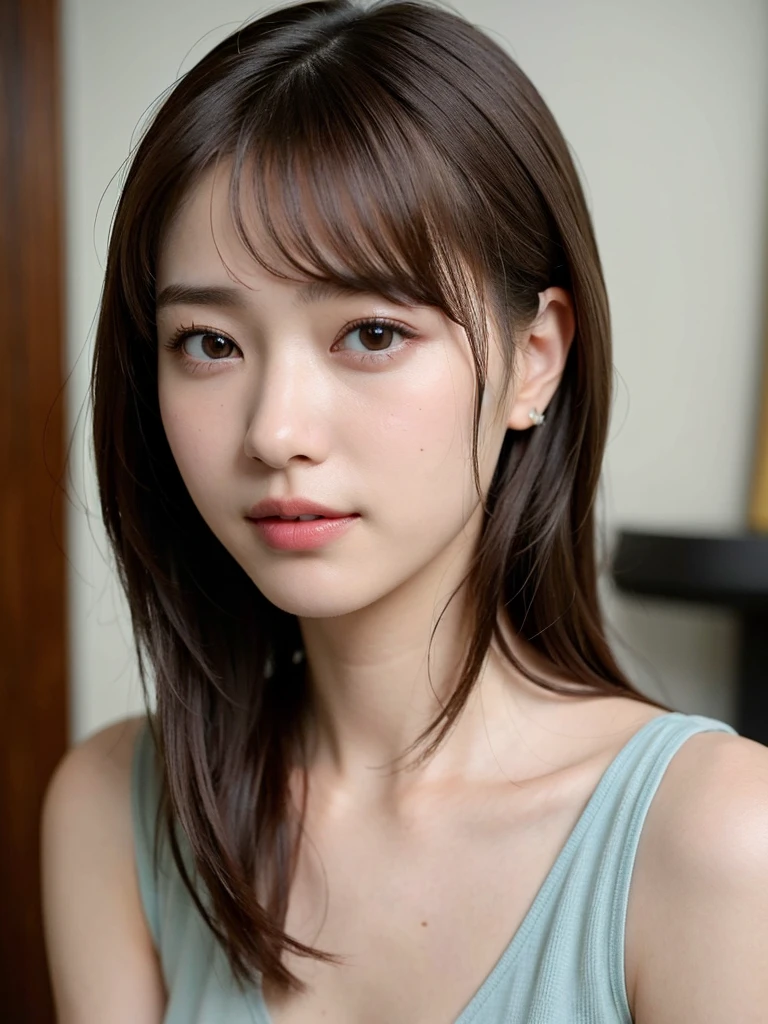 (super highest quality:1.3) (very realistic, Photoreal:1.3), (sharp focus:1.3)   gentle smile　see-through bangs　　 (Realistic and very high quality:1.3). (High quality and high definition:1.3)　　table top, very delicate and beautiful, soft light, (brown hair, Shoulder-length straight hair sways in the wind), beautiful detailed girl, highly detailed eyes and face, beautifully detailed nose, fine and beautiful eyes, 1 girl, Japanese, pure beauty, cute, young, very stylish　trend fashion　, (medium breasts), realistic face, realistic body,