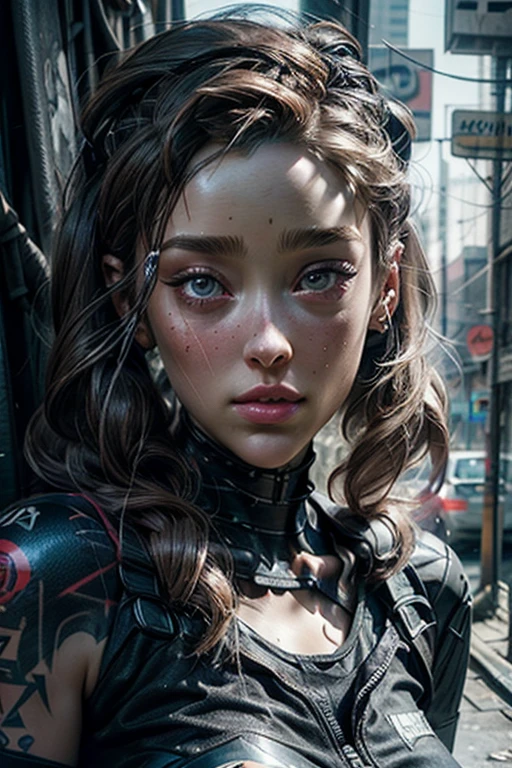 a closeup of a woman (((Alycia Jasmin Debnam-Carey)))  with a tattoo on her arm, A line painted black that goes through his eyes like in The 100 , cyberpunk beautiful girl, beautiful cyberpunk girl face, cyberpunk dreamy girl, ultrarealistic cyberpunk art 8k, cyberpunk 2 0 years. o model girl, beautiful cyberpunk woman model, The portrait of the cyberpunk girl, Highly detailed 4k digital art, beautiful digital artwork, cyborg cyberpunk. rose, 4k realistic digital art