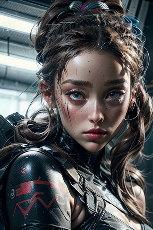 a closeup of a woman (((Alycia Jasmin Debnam-Carey)))  with a tattoo on her arm, A line painted black that goes through his eyes like in The 100 , cyberpunk beautiful girl, beautiful cyberpunk girl face, cyberpunk dreamy girl, ultrarealistic cyberpunk art 8k, cyberpunk 2 0 years. o model girl, beautiful cyberpunk woman model, The portrait of the cyberpunk girl, Highly detailed 4k digital art, beautiful digital artwork, cyborg cyberpunk. rose, 4k realistic digital art
