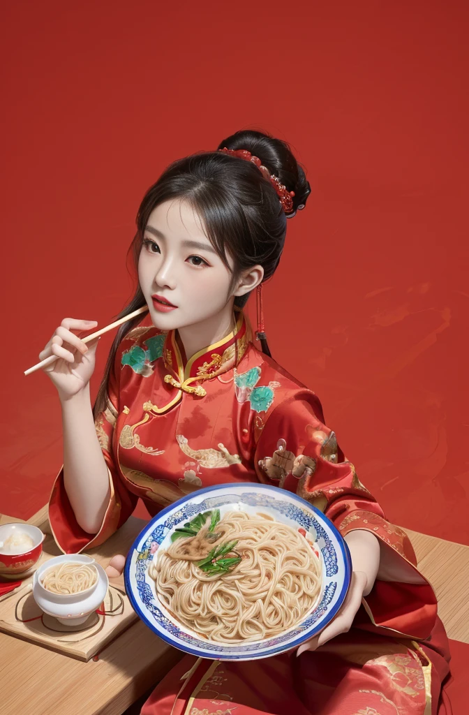 arafed asian woman in a red dress Eating noodles with chopsticks, Eating noodles, Dressed in ancient Chinese costumes, wearing a red cheongsam, Chinese Girl, Chinese, Chinese traditional clothing, Chinese woman, palace ， Girl wearing Hanfu, Beautiful Chinese model, Wearing ancient Chinese clothes, cheongsam, Chinese礼服, cai xukun