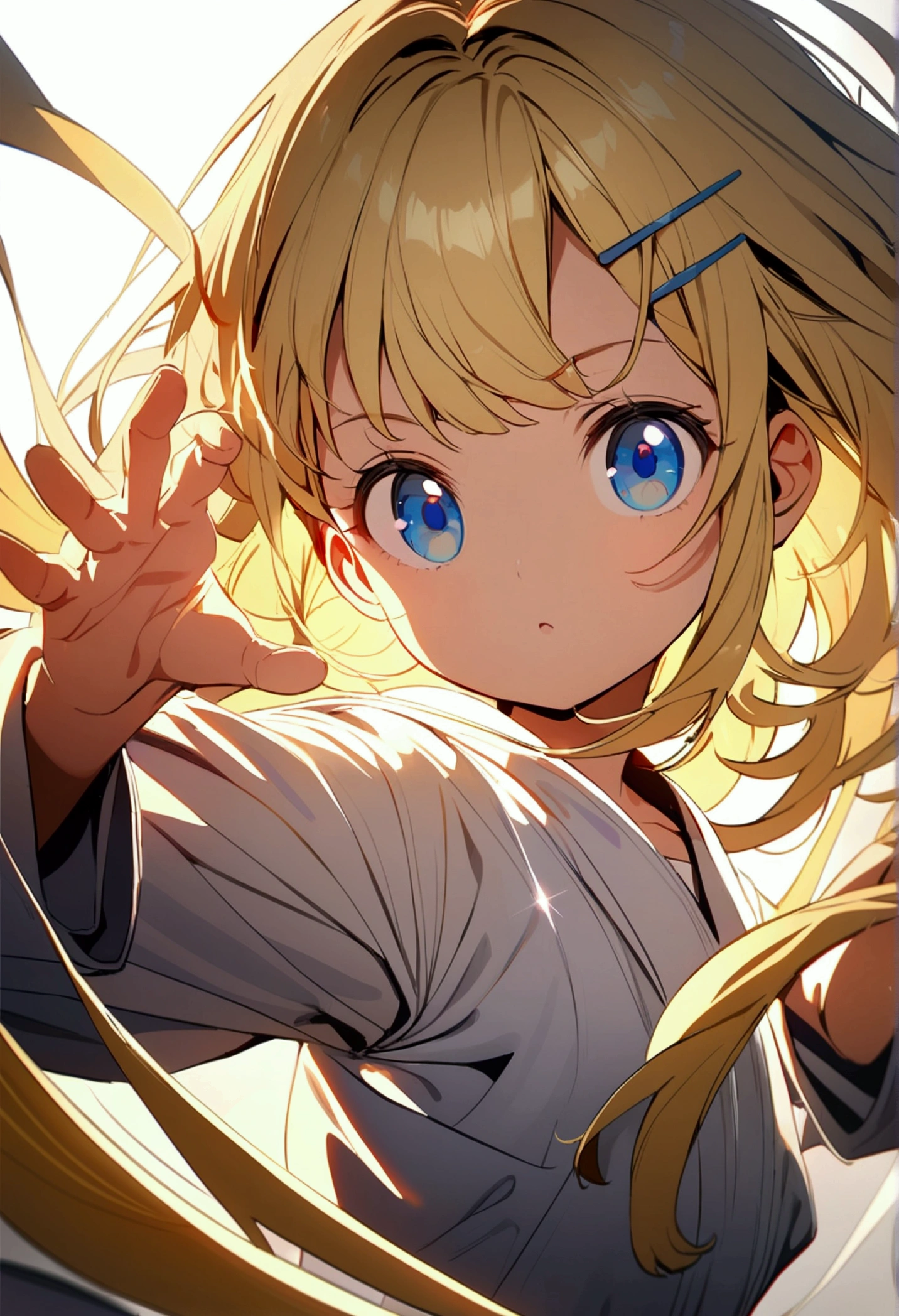 Anime  girl ( shoulder-length blond hair , hair clips, blue eyes) in karate suit. Karate pose. White background