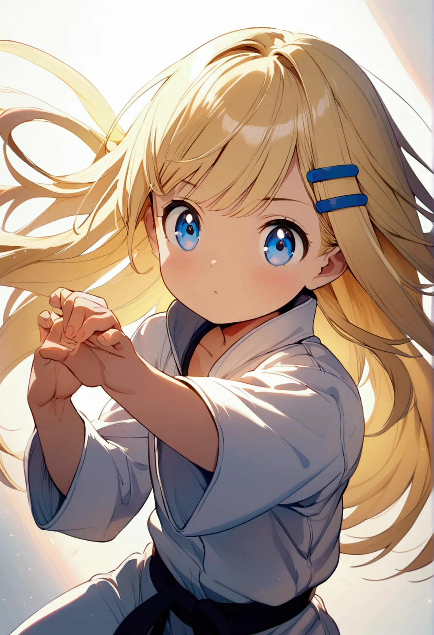 Anime child girl ( shoulder-length blond hair , hair clips, blue eyes) in karate suit. Karate pose. White background