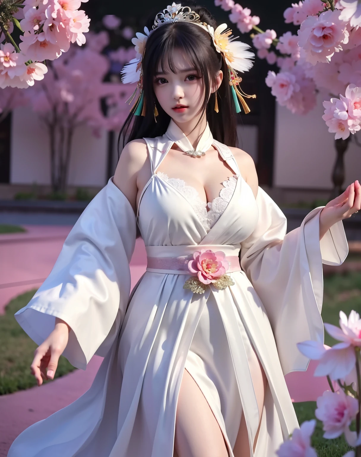 (8k, RAW photo:1.2), best quality, ultra high res,dramatic angle,(fluttered detailed color splashs), (illustration),(((1 girl))),(long hair),(rain:0.9), (Headdress:1.4),There is an ancient palace beside the girl,Hanfu,(Key Points),Color ink painting,(Splash of Color),Splash of Color,(((colorful))),(sketch:0.8) , Masterpiece, best quality, beautiful painted, highly detailed,(denoising:0.6),[splash ink],((ink refraction)), (beautiful detailed sky),moon,highly,detaild,(masterpiece, best quality, extremely detailed） CG Unity 8k Wallpaper，masterpiece，best quality，Ultra Detailed），（Lycoris）. hanfu open v open V-chested clothes Thin silk lace dress , (huge ，cleavage),, white pink and gren，best qualtiy，tmasterpiece，Ultra-high resolution，（Reality：1.4），RAW photogr，（True skin texture：1.3），（filmgrain：1.3），（Selfie angle），1个Giant Breast Girl，Beautiful eye and face details，tmasterpiece，Best quality at best，，The chest more exposed， detailed hair, bra pink lotus , detail 8k, upper body, lace petticoat