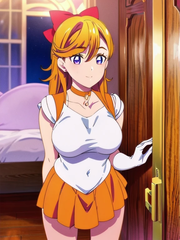 sailor_senshi_uniform, Anime Aunt, A MILF, sailor_Collar, Skirt, aino minako, 独奏, Bow, white glove, sailorvenus, Blonde long-haired woman, elBowgloves, Red ribbon on head, Orange sailor Collar, Golden sailor Collar, Back_Bow, orangechoker, Golden choker, Jewelry, Blue-eyed woman, Orange Skirt, Golden Skirt, Magical_girl, earrings, circlet, Skirt rift, Smile, r-ing:safe, leotard, pleinedSkirt, Underwear, Lifted_in door_self-expression, Half Up Hair, Bare shoulders, bare legs, cowboys_shot, Collarbone, shiny, up looking_in_viewer, panties on, Purple ribbon on chest, Woman standing, shiny_hair, bangs, eyebrows_ass visible_through_hair, hair_Bow, Closed_Mouth, highleg, very_long_hair, shiny_skin, heart mark, White leotard, white dress, Colossal tits