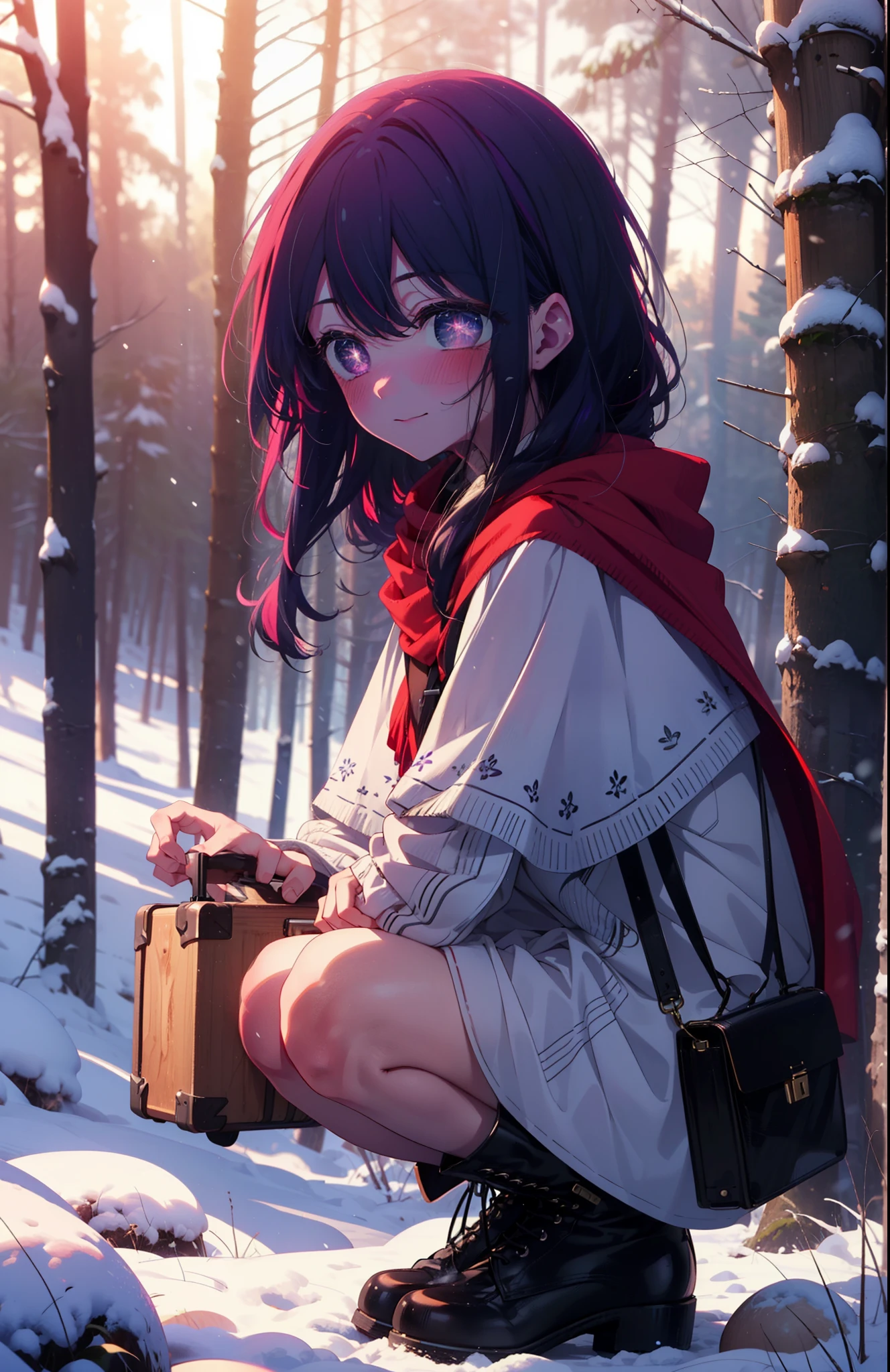 aihoshino, Ai Hoshino, Long Hair, bangs, (Purple eyes:1.1), Purple Hair, (Symbol-shaped pupil:1.5), smile,,smile,blush,white breath,
Open your mouth,snow,Ground bonfire, Outdoor, boots, snowing, From the side, wood, suitcase, Cape, Blurred, , forest, White handbag, nature, Squat, Mouth closed, Cape, winter, Written boundary depth, Black shoes, red Cape break looking at viewer, Upper Body, whole body, break Outdoor, forest, nature, break (masterpiece:1.2), Highest quality, High resolution, unity 8k wallpaper, (shape:0.8), (Beautiful and beautiful eyes:1.6), Highly detailed face, Perfect lighting, Highly detailed CG, (Perfect hands, Perfect Anatomy),