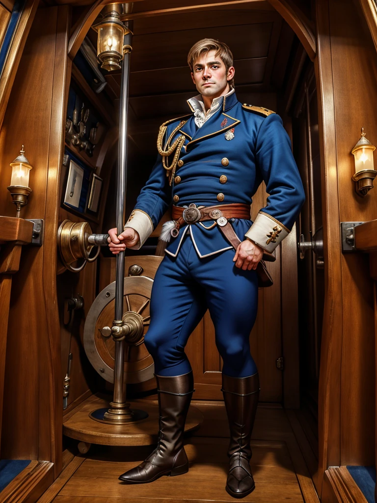 Standing at the wheel of a 18th century British war ship, LucasKnight, wearing the uniform of an 18th century British Commodore, wearing saber, hand on the ship's wheel, dignified look, intricate details, masterpiece, photorealistic, (((full body portrait))), wide angle