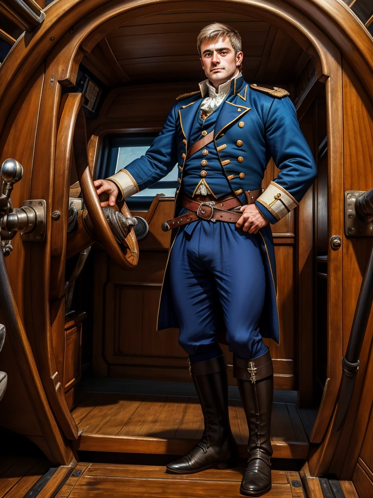 Standing at the wheel of a 18th century British war ship, LucasKnight, wearing the uniform of an 18th century British Commodore, wearing saber, hand on the ship's wheel, dignified look, intricate details, masterpiece, photorealistic, (((full body portrait))), wide angle