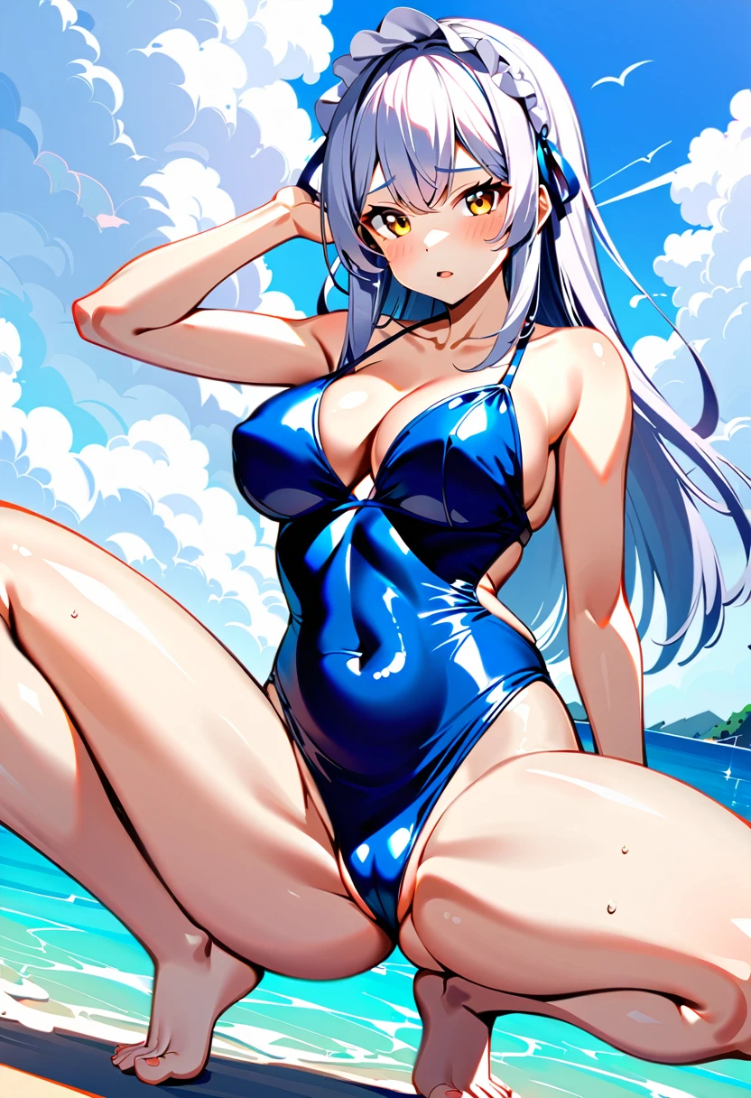 One girl, long hair, medium-large breasts, (medium-large breasts: 1.4), thick thighs, (thick thighs: 1.2), silver hair, golden eyes, frilly hairband, ribbon, belly button, swimsuit, string swimsuit, V-shaped string swimsuit, V-shaped one-piece swimsuit, hair ribbon, thighs, outdoors, sky, barefoot, alternative costume, daytime, clouds, water, stomach, blue sky, wet, minimal cover monokini micro V-shaped G-string one-piece swimsuit, ocean, beach, squatting, blue minimal cover monokini micro V-shaped G-string one-piece swimsuit, partially visible vulva, accentuated breasts