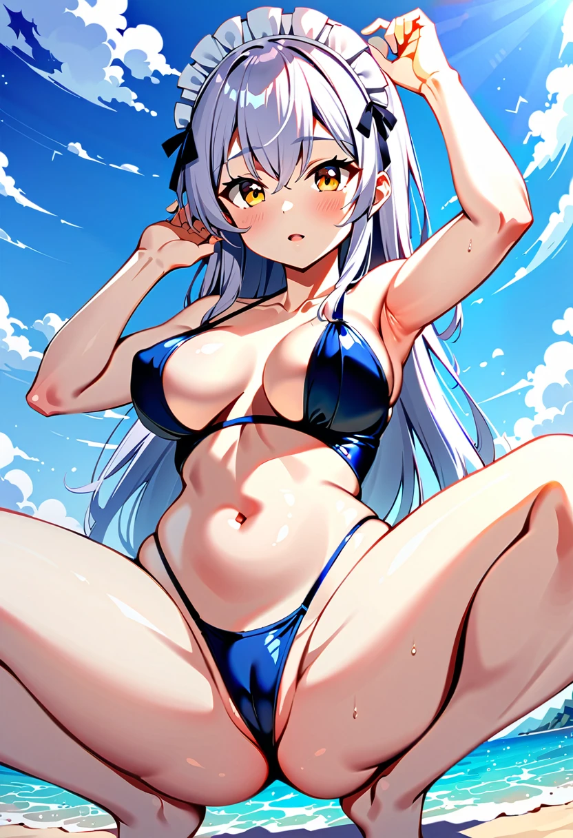 One girl, long hair, medium-large breasts, (medium-large breasts: 1.4), thick thighs, (thick thighs: 1.2), silver hair, golden eyes, frilly hairband, ribbon, belly button, swimsuit, string swimsuit, V-shaped string swimsuit, V-shaped one-piece swimsuit, hair ribbon, thighs, outdoors, sky, barefoot, alternative costume, daytime, clouds, water, stomach, blue sky, wet, minimal cover monokini micro V-shaped G-string one-piece swimsuit, ocean, beach, squatting, blue minimal cover monokini micro V-shaped G-string one-piece swimsuit, partially visible vulva, accentuated breasts