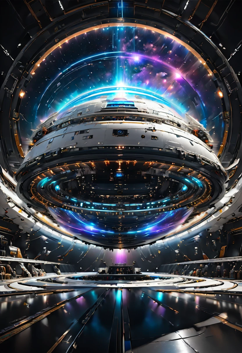 conceptual installation fantasy art, (huge round shaped spaceship:1.1), background galaxy, cosmic rays, shading effects, gradation magic effects, (ultra detailed, absolutely resolution, best quality:1.3), 2.5D, delicate and dynamic, artistic photography, hyper realistic, graphic CG digital art