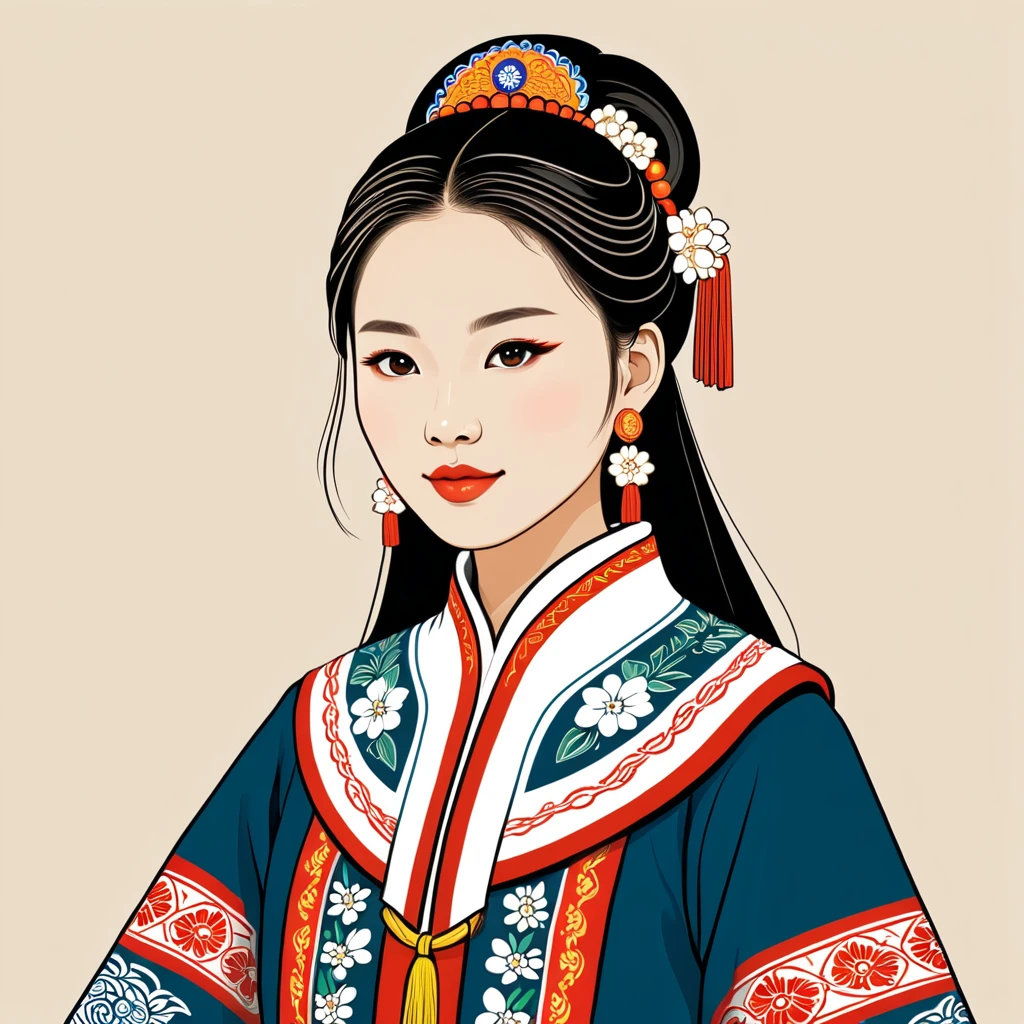 woman in taiwan folk outfit, vector graphics, strong contours