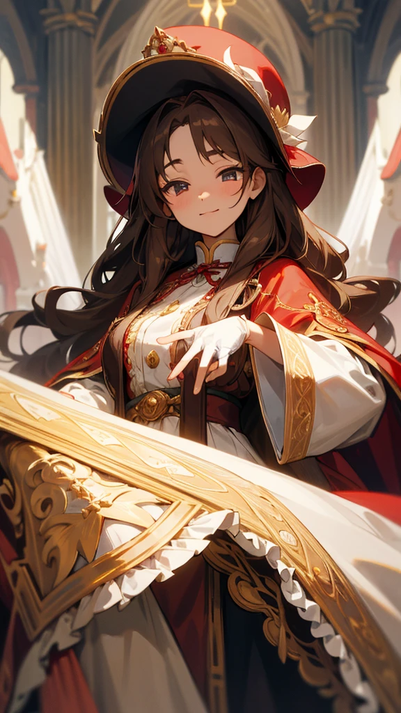 in front of the altar of a majestic church, casting judgement with magic, her voice echoing beautifully. Magic gathers around her, enveloping her in a holy aura as she chants, girl with long brown hair, Classic White ballgown、long red embroidered gloves, pope's clothing and hat, long hair, ceremonial robes, mass vestments, enormous puffy sleeves, long cuffs with many buttons, golden embroidery, cross details, Long Train, lots of frills and lace, red capes, gently reaches out to you, gentle smile