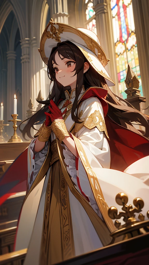in front of the altar of a majestic church, casting judgement with magic, her voice echoing beautifully. Magic gathers around her, enveloping her in a holy aura as she chants, girl with long brown hair, Classic White ballgown、long red embroidered gloves, pope's clothing and hat, long hair, ceremonial robes, mass vestments, enormous puffy sleeves, long cuffs with many buttons, golden embroidery, cross details, Long Train, lots of frills and lace, red capes, gently reaches out to you, gentle smile