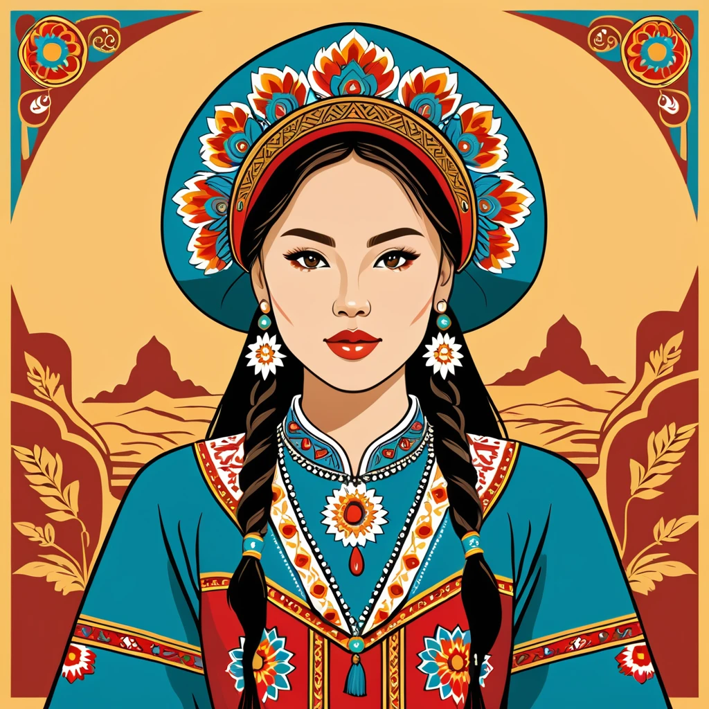 woman in kazakhstan folk outfit, vector graphics, strong contours
