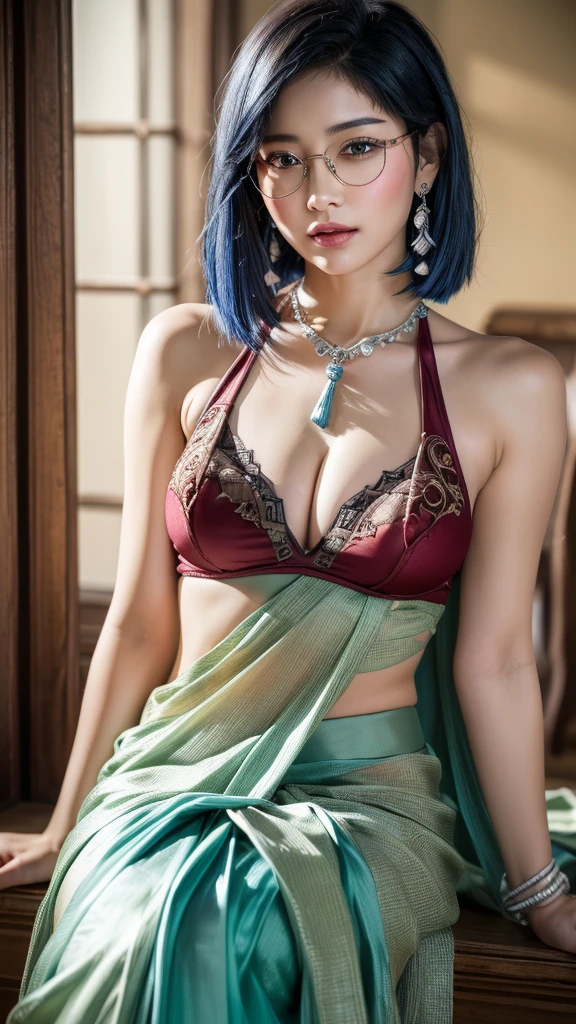(8K, highest quality, masterpiece:1,2), (realistic, Photoreal:1.37), Super detailed, one girl,), (very detailed), (detailed and beautiful eyes), ((((highly detailed artwork))))、Earrings、((Two-toned hair))、ponytail、(((Inside a stylish secondhand clothing store)))、(masterpiece、Highest quality、In 8K、32K、masterpiece、Super huge 、Ultra-high resolution、Impressionism、Realistic:1.2)、((Cowboy Shot)),  Sharp focus、Beautiful face with detailed background of face and eyelids、Glowing Skin、Sharp pupils、Realistic eyes and beautiful face、Blurred Background、Beautiful 28 year old girl、Glowing Skin、(((bright and beautiful hair)))、iris、curve、Powerful composition,  ((seductive looks))、((horny expression))、、(light blue hair color))、[black hair]、Best Quality, Ultra High Definition, (Photorealistic:1.4),Sunset Light, Ponytail, Korean Women, (large breasts), ((highly detailed saree)), Detailed Photo, Smiling, Sexy, Facing Camera,  (Masterpiece: 1.3), (8K, Photorealistic, Best Quality: 1.4), (1girl), Beautiful Face, (Realistic Face), (Black Hair, Short Hair: 1.3), Beautiful Hairstyle, Realistic eyes, beautiful detail eyes, (realistic skin), beautiful skin, absurd, attractive, ultra high resolution, ultra realistic, high definition, golden ratio, sitting, crossed legs, ((shoulder length hair)), [transparent clothes], see_through clothes, modern saree, asian girl in Indian outfit, (lots of fabrics), bra under saree, embroideries in saree, glasses 