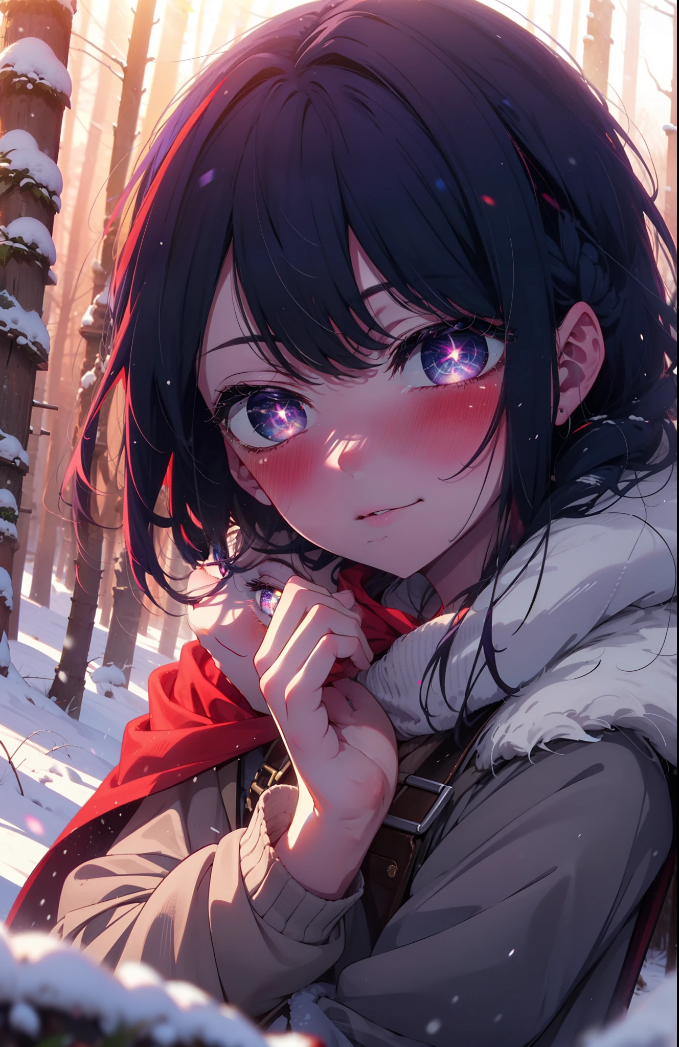aihoshino, Ai Hoshino, Long Hair, bangs, (Purple eyes:1.1), Purple Hair, (Symbol-shaped pupil:1.5), smile,,smile,blush,white breath,
Open your mouth,snow,Ground bonfire, Outdoor, boots, snowing, From the side, wood, suitcase, Cape, Blurred, , forest, White handbag, nature, Squat, Mouth closed, Cape, winter, Written boundary depth, Black shoes, red Cape break looking at viewer, Upper Body, whole body, break Outdoor, forest, nature, break (masterpiece:1.2), Highest quality, High resolution, unity 8k wallpaper, (shape:0.8), (Beautiful and beautiful eyes:1.6), Highly detailed face, Perfect lighting, Highly detailed CG, (Perfect hands, Perfect Anatomy),