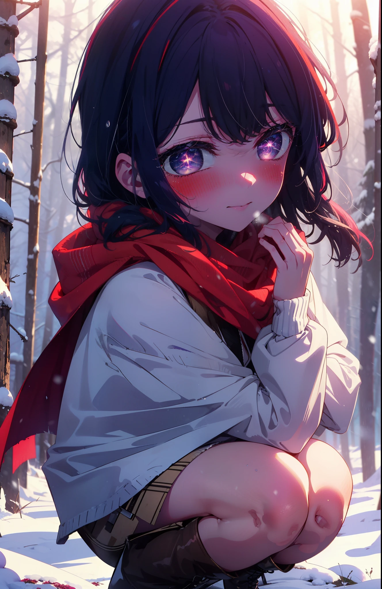 aihoshino, Ai Hoshino, Long Hair, bangs, (Purple eyes:1.1), Purple Hair, (Symbol-shaped pupil:1.5), smile,,smile,blush,white breath,
Open your mouth,snow,Ground bonfire, Outdoor, boots, snowing, From the side, wood, suitcase, Cape, Blurred, , forest, White handbag, nature,  Squat, Mouth closed, Cape, winter, Written boundary depth, Black shoes, red Cape break looking at viewer, Upper Body, whole body, break Outdoor, forest, nature, break (masterpiece:1.2), Highest quality, High resolution, unity 8k wallpaper, (shape:0.8), (Beautiful and beautiful eyes:1.6), Highly detailed face, Perfect lighting, Highly detailed CG, (Perfect hands, Perfect Anatomy),