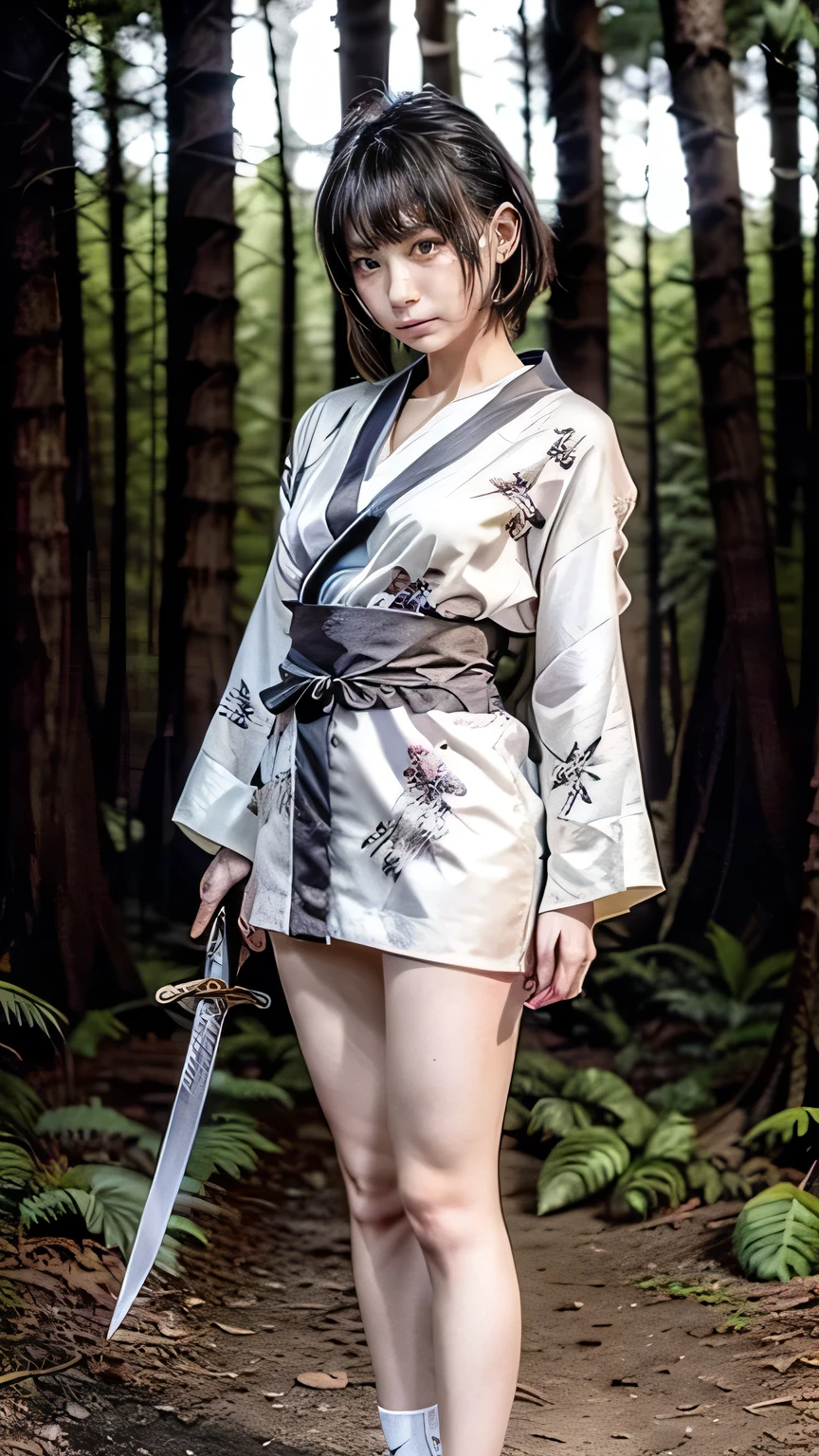 (was:1.3、((A female ninja standing with a weapon in the forest:1.5)、With background)、(Female ninja with a sword:1.5))、(Realistic、Like a photograph、Live Action、8k, Realistic, RAW Photos, Best image quality: 1.4), Single-lens reflex camera、RAW Photos, Highest quality, Realistic, Highly detailed CG Unity 8k wallpaper, Written boundary depth, Cinematic Light, Lens flare, Ray Tracing, Realistic background、(kunoichi:1.4、White kimono::1.2)、Grey Hair、short hair、Standing in the village、((Ultra-Dense Skin))、 1 girl,Cute Kunoichi、(whole body:1.5)、I like that style、Pay attention to the details、Perfect outfit、(White Squid Portrait、Accurate Arm、Accurate feet、Beautiful legs、Precise thighs、Anatomically correct body、View from the front