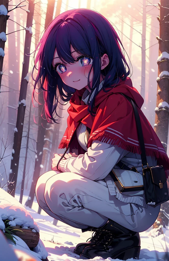 aihoshino, Ai Hoshino, Long Hair, bangs, (Purple eyes:1.1), Purple Hair, (Symbol-shaped pupil:1.5), smile,,smile,blush,white breath,
Open your mouth,snow,Ground bonfire, Outdoor, boots, snowing, From the side, wood, suitcase, Cape, Blurred, , forest, White handbag, nature, Squat, Mouth closed, Cape, winter, Written boundary depth, Black shoes, red Cape break looking at viewer, Upper Body, whole body, break Outdoor, forest, nature, break (masterpiece:1.2), Highest quality, High resolution, unity 8k wallpaper, (shape:0.8), (Beautiful and beautiful eyes:1.6), Highly detailed face, Perfect lighting, Highly detailed CG, (Perfect hands, Perfect Anatomy),