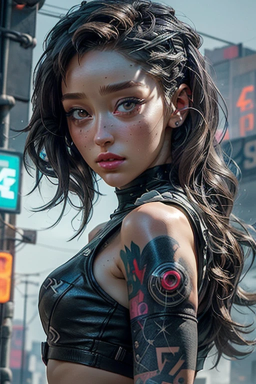 a closeup of a woman (((Alycia Jasmin Debnam-Carey)))  with a tattoo on her arm, A line painted black that goes through his eyes like in The 100 , cyberpunk beautiful girl, beautiful cyberpunk girl face, cyberpunk dreamy girl, ultrarealistic cyberpunk art 8k, cyberpunk 2 0 years. o model girl, beautiful cyberpunk woman model, The portrait of the cyberpunk girl, Highly detailed 4k digital art, beautiful digital artwork, cyborg cyberpunk. rose, 4k realistic digital art