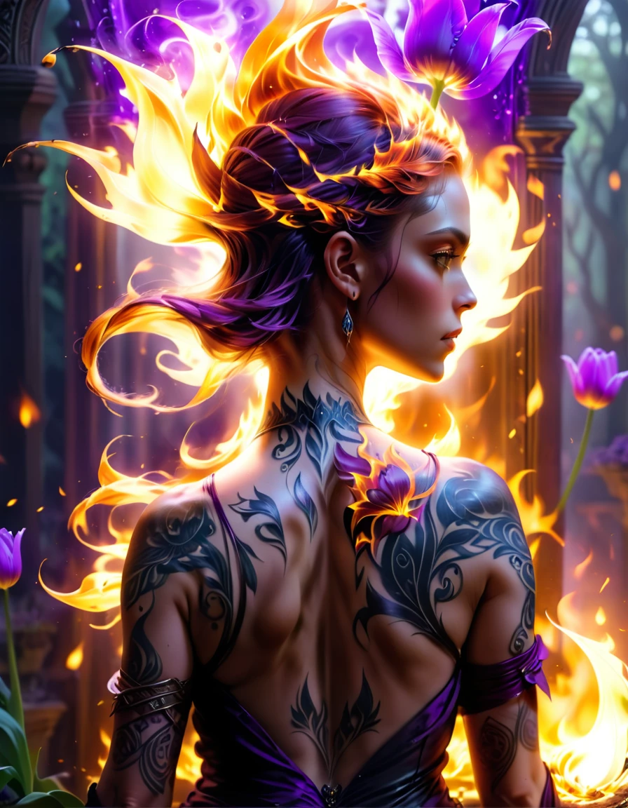 Arafed, Dark fantasy art, fantasy art, goth art, a picture of a tattoo on the back of a female elf, a glowing tattoo of a ((tulip: 1.3)) on the elf's back, the ((tulip tattoo: 1.3)) is vivid, intricate detailed,  GlowingRunesAI_purple, ((fire surrounds the tulip: 1.5)), shot taken from the back, ((the back is visible: 1.3), she wears a transparent red dress, the dress is elegant, flowing, elven style, that the tattoos glow, dynamic hair color, dynamic hair style,  vibrant, Ultra-high resolution, High Contrast, (masterpiece:1.5),  highest quality, Best aesthetics, best details, best quality, highres, 16k, (ultra detailed: 1.5), masterpiece, best quality, (extremely detailed) RAW, (ultra details, Masterpiece, best quality) faize, Digital Painting, 