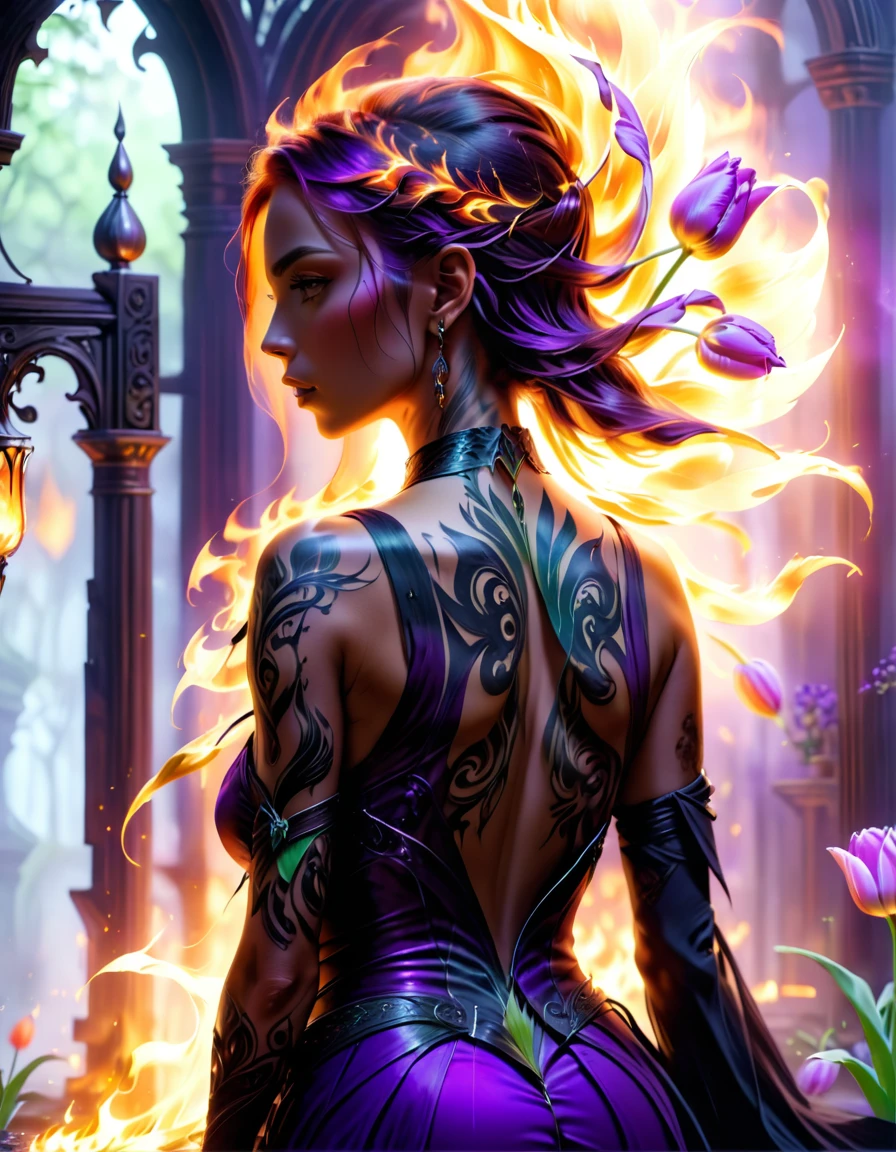 Arafed, Dark fantasy art, fantasy art, goth art, a picture of a tattoo on the back of a female elf, a glowing tattoo of a ((tulip: 1.3)) on the elf's back, the ((tulip tattoo: 1.3)) is vivid, intricate detailed,  GlowingRunesAI_purple, ((fire surrounds the tulip: 1.5)), shot taken from the back, ((the back is visible: 1.3), she wears a transparent red dress, the dress is elegant, flowing, elven style, that the tattoos glow, dynamic hair color, dynamic hair style,  vibrant, Ultra-high resolution, High Contrast, (masterpiece:1.5),  highest quality, Best aesthetics, best details, best quality, highres, 16k, (ultra detailed: 1.5), masterpiece, best quality, (extremely detailed) RAW, (ultra details, Masterpiece, best quality) faize, Digital Painting, 