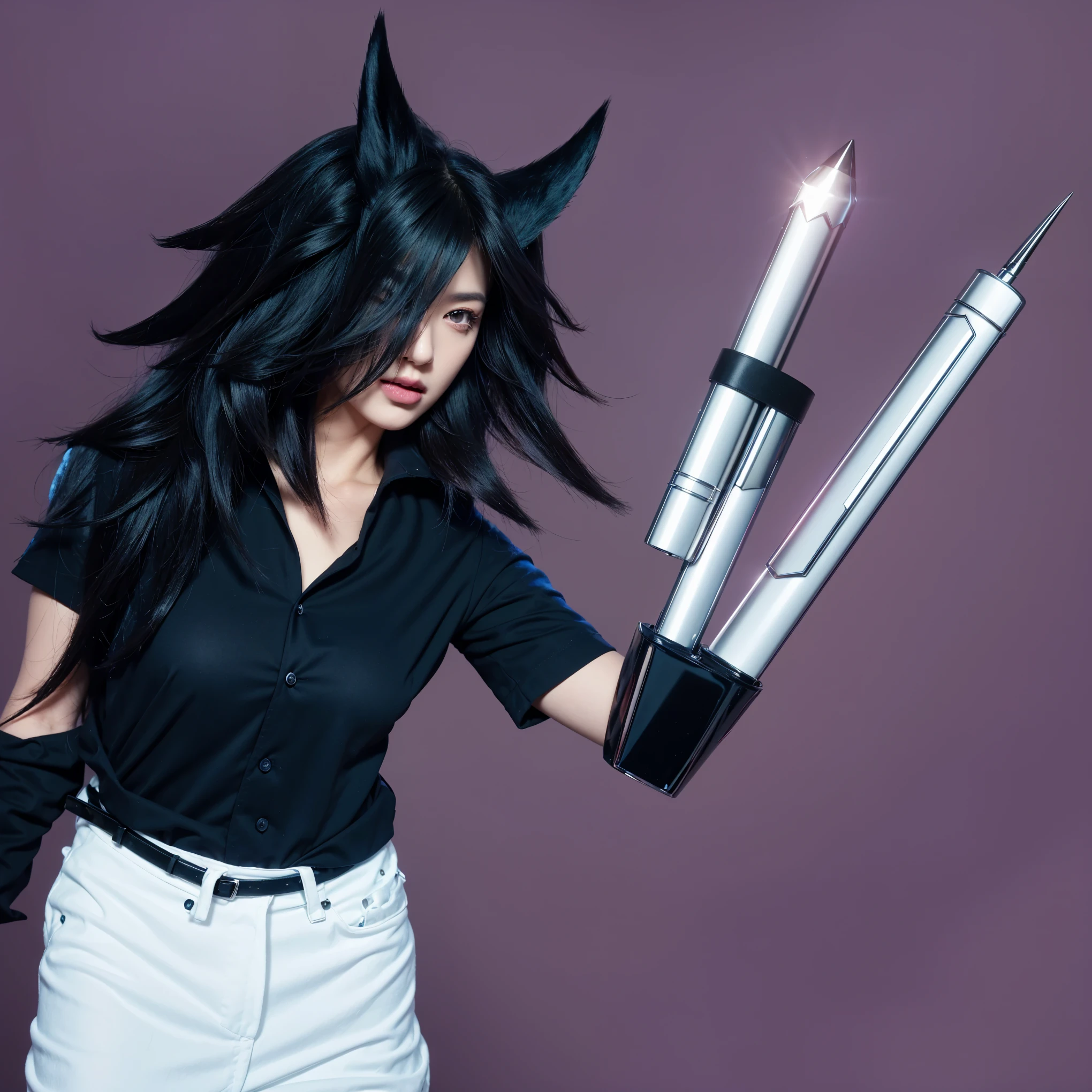 This striking image features a character with a dark and intense expression, showcasing an intriguing blend of mystery and authority. Her hair is styled with exaggerated, sharp peaks, akin to the ears of a mythical creature, enhancing her enigmatic aura. She wears a deep blue uniform shirt accented by a prominent silver police badge, symbolizing a role of enforcement or protection. The contrast between her dark, voluminous hair and the crisp white collar of her uniform adds a dramatic flCreate a hyper-realistic 4K image of a fantasy character with striking black hair and sharp, wolf-like ears against a vibrant purple background. The character has intense, glowing eyes and wears dark lipstick, enhancing her mystical allure. Her hair flows wildly around her face, adding to her fierce appearance. She wears a modern dark blouse with a prominent white collar, giving her a stylish yet intimidating look. The overall tone should capture a strong contrast between her dark features and the bright background, emphasizing her bold personaand a touch of whimsy. 3d model, multiple light sources, rim light, sharp post broken glass magic ball of turquoise color with fragments lying nearby frame above from above on a white background effects render, (glossy plastic texture with multiple big light probe refractions), perfect cgi, smooth silhouette, high intensity refraction, (super glossy plastic material), most beautiful vfx, , realistic, 4k, high resolution, rim light, smooth 3d model, multiple light sources, rim light, sharp post effects render,, realistic, 4k, high resolution, rim light detailed digital art, reflective, best quality, 4k, masterpiece:1.2, ultra-detailed, realistic, vivid colors, The image of the highest quality, ensuring every detail showcased perfectly. It in 4k resolution, allowing viewers to immerse themselves in the richness of the colors and intricate details. The realistic rendering. under the spotlight, reflecting, high-resolution image, realistic rendering
