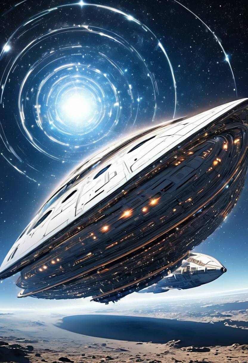 conceptual installation fantasy art, (huge round shaped spaceship:1.1), background galaxy, cosmic rays, shading effects, gradation magic effects, (ultra detailed, absolutely resolution, best quality:1.3), 2.5D, delicate and dynamic, artistic photography, hyper realistic, graphic CG digital art