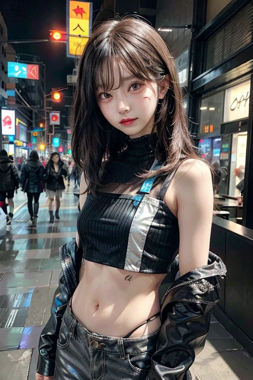 Futuristic fashion with a cyberpunk aesthetic。Neon color、Metal decoration、Clothing that incorporates technology。Glowing tattoos and implant accessories。Cyberpunk hairstyle

