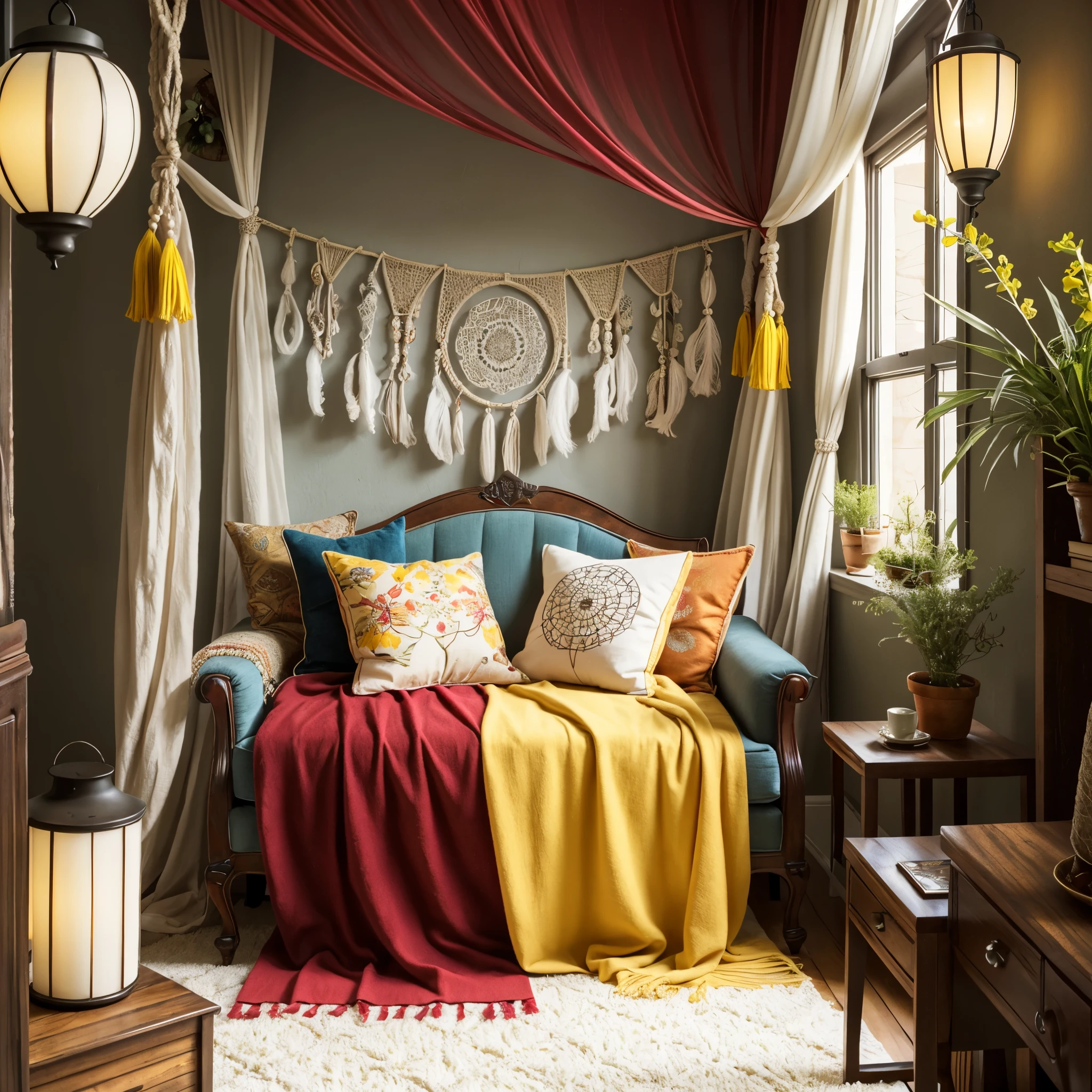 Bohemian gypsy interior style, eclectic decor, (red and yellow colors theme:1.2), vibrant colors, patterned textiles, cozy seating, layered rugs, vintage furniture, macramé wall hangings, dreamcatchers, beaded curtains, mismatched cushions, plants and greenery, natural materials, fairy lights, lanterns, handcrafted items, artistic ambiance, detailed textures, free-spirited atmosphere, warm and inviting, high-quality rendering,