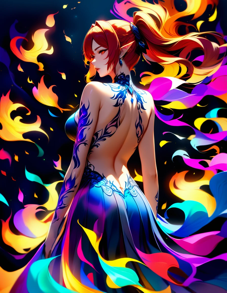 Arafed, Dark fantasy art, fantasy art, goth art, a picture of a tulip tattoo on the back of a female elf, a glowing tattoo of a ((tulip: 1.3)) on the elf's back, the ((tulip tattoo: 1.3)) is vivid, intricate detailed, GlowingRunesAI_purple, ((fire surrounds the tulip: 1.5)), shot taken from the back, ((the back is visible: 1.3), she wears a transparent red dress, the dress is elegant, flowing, elven style, that the tattoos glow, dynamic hair color, dynamic hair style, vibrant, Ultra-high resolution, High Contrast, (masterpiece:1.5), highest quality, Best aesthetics, best details, best quality, highres, 16k, (ultra detailed: 1.5), masterpiece, best quality, (extremely detailed) RAW, (ultra details, Masterpiece, best quality) faize, Digital Painting,
