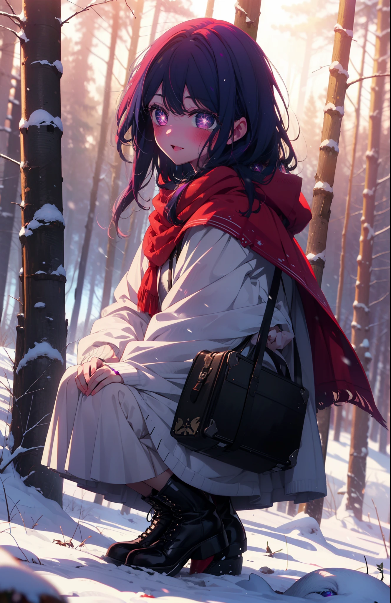 aihoshino, Ai Hoshino, Long Hair, bangs, (Purple eyes:1.1), Purple Hair, (Symbol-shaped pupil:1.5), smile,,smile,blush,white breath,
Open your mouth,snow,Ground bonfire, Outdoor, boots, snowing, From the side, wood, suitcase, Cape, Blurred, , forest, White handbag, nature, Squat, Mouth closed, Cape, winter, Written boundary depth, Black shoes, red Cape break looking at viewer, Upper Body, whole body, break Outdoor, forest, nature, break (masterpiece:1.2), Highest quality, High resolution, unity 8k wallpaper, (shape:0.8), (Beautiful and beautiful eyes:1.6), Highly detailed face, Perfect lighting, Highly detailed CG, (Perfect hands, Perfect Anatomy),