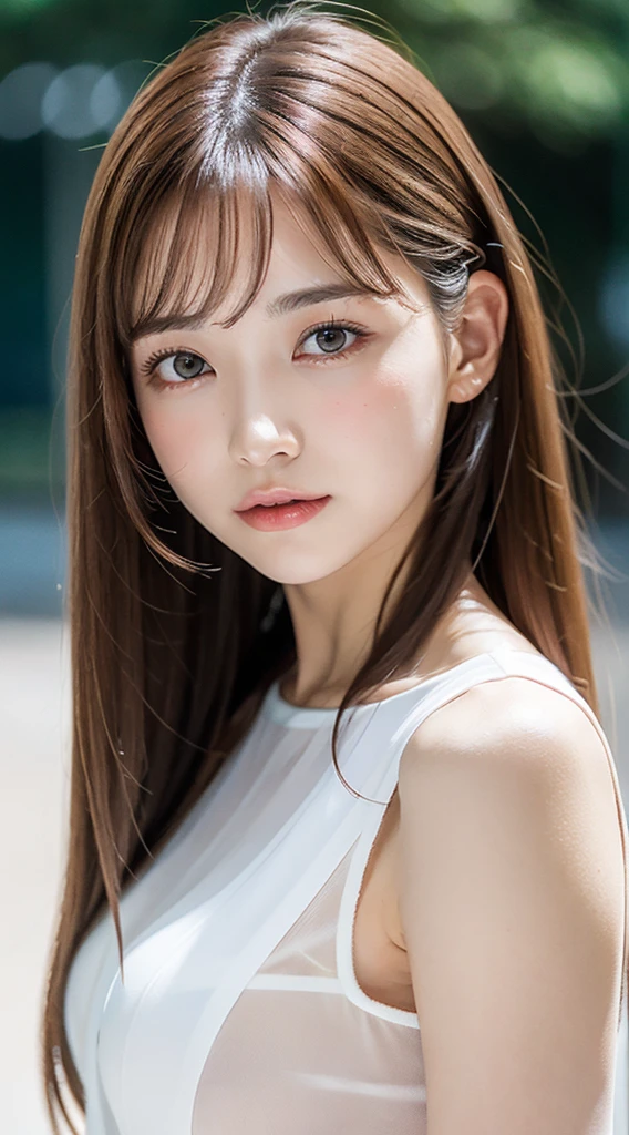 1womanl, up of face, mideum , light brown hair, Blunt bangs, hair behind ear, hair over shoulder, Long hair, slender body shape, Ultra Fine Face, Thin face, Delicate lips, Beautiful eyes, thin blush, eyes are light brown, perfect glossy skin, flawless skin, Glistening sweat,View here, Ultra-thin hands, Ultra-fine fingers, best ratio four finger and one thumb, (realisitic:1.3), See-through white blouse. An amusement park, One-person viewpoint, Fuji Film, F/1.2, 8K, masutepiece, nffsw, Super Detail, High quality, Best Quality, hight resolution