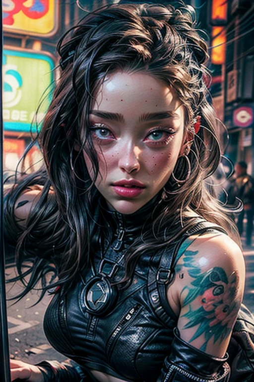 a closeup of a woman (((Alycia Jasmin Debnam-Carey)))  with a tattoo on her arm, A line painted black that goes through his eyes like in The 100 , cyberpunk beautiful girl, beautiful cyberpunk girl face, cyberpunk dreamy girl, ultrarealistic cyberpunk art 8k, cyberpunk 2 0 years. o model girl, beautiful cyberpunk woman model, The portrait of the cyberpunk girl, Highly detailed 4k digital art, beautiful digital artwork, cyborg cyberpunk. rose, 4k realistic digital art