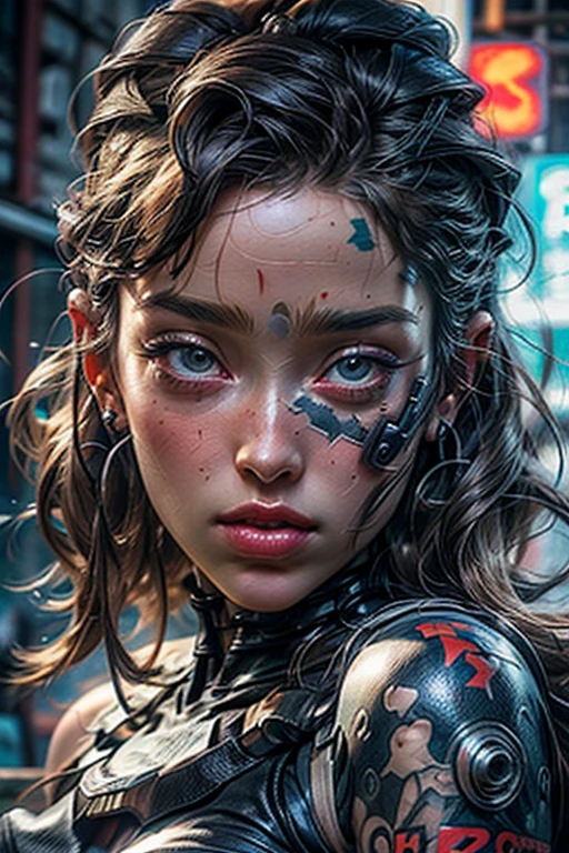 a closeup of a woman (((Alycia Jasmin Debnam-Carey))) naked with a tattoo on her arm, A line painted black that goes through his eyes like in The 100 , cyberpunk beautiful girl, beautiful cyberpunk girl face, cyberpunk dreamy girl, ultrarealistic cyberpunk art 8k, cyberpunk 2 0 years. o model girl, beautiful cyberpunk woman model, The portrait of the cyberpunk girl, Highly detailed 4k digital art, beautiful digital artwork, cyborg cyberpunk. rose, 4k realistic digital art