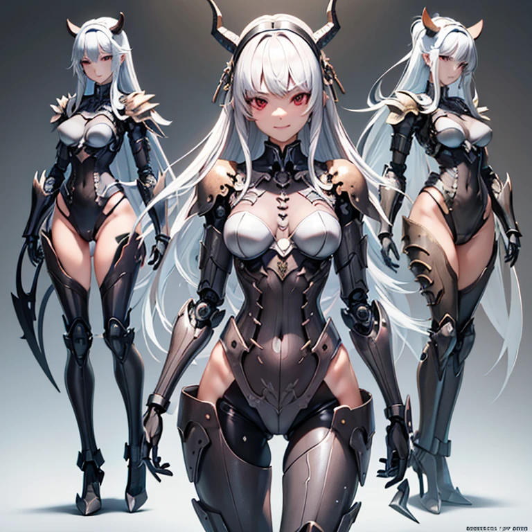 (best quality, masterpiece), 1girl, standing girl, three view drawing, front and back and side, character sheet,full body,simple background, High resolution, gauze, smile, Shortcuts, bangs, Red eyes, Headpiece, Bangs between the eyes, Headband, Horns of the beast, Decorative art, masterpiece, accurate, Anatomically correct, High detail, High-resolution model, high quality, Very detailed, Grey Hair, Silver Hair, Intersecting bangs, chest, Hide your ears, Open your mouth a little, tooth, Smiling with teeth showing, Slanted Eyes, Setting diagram, Status Table, bonus, Headband, Mole at the corner of the mouth, Feather Hair Accessories, Drop Shadow, 8k octane, アニメ, Character Design, Brown skin、Bone wings on the back、Muscle Exposure、Shoulder Bare、Mechanical limbs、