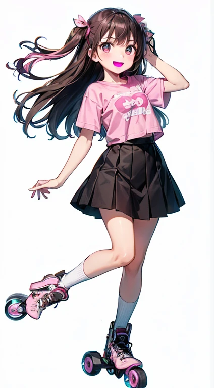 Highest quality、((Dark brown long hair、Two Side Up))、(((Pink Roller Blades、Protector set)))、Short sleeve shirt、Smiling cute junior high school girl、Knee-length skirt、Round droopy eyes