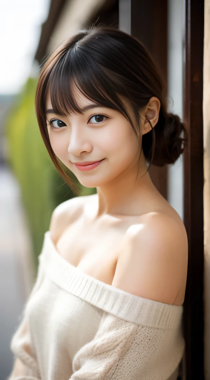 masterpiece,best quality,(Japanese girl),((Beautiful girl)),cleavage,(off shoulder:1.2),(perfect body beauty:1.2),(shy smile)