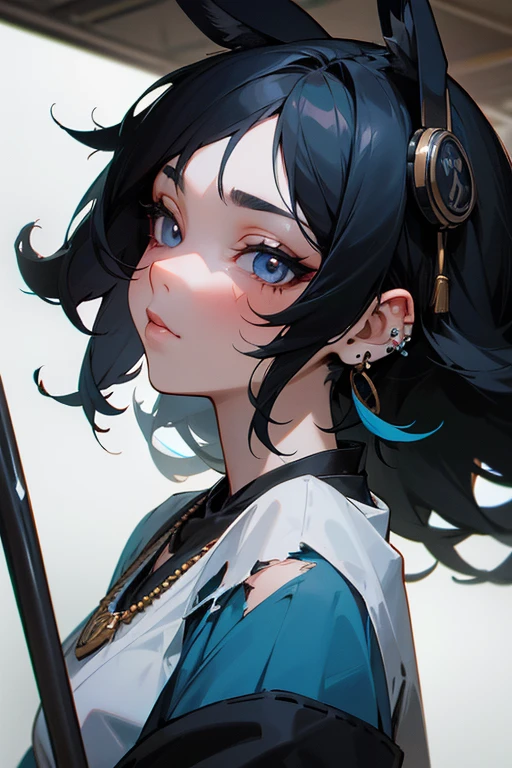 A girl with black curly hair with white highlights dark blue hair tips, has piercings in her lips as well as ears, has a tattoo on her arm, gray eyes, under a bridge, with large headphones on his neck with a natural necklace, light blue cut shirt with torn sleeves, Japanese anime style, Style Tokyo Revengers anime dibimenciones, black eyeliner and eyelashes ears, high resolution, In the cage, the second dimension has perfect details, facing the camera, front view, front view, medium shot, glossy 32k, fully detailed facial features, ultimate details, ultra high definition, 32