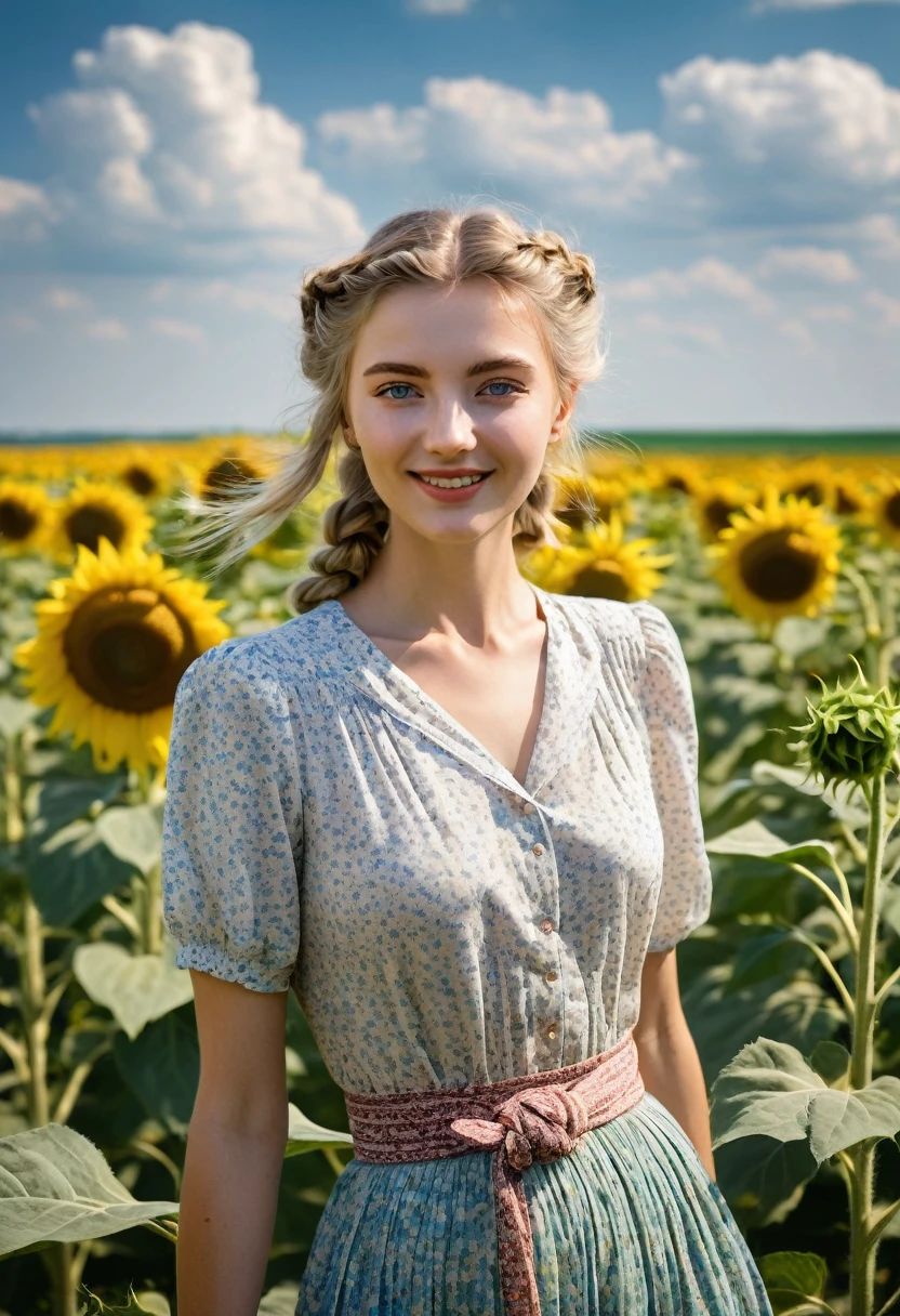 8K quality, ultra-high definition realistic, 1940s Ukraine, Ukrainian plains after WWII, wide sunflower fields, short summer, fine weather, thin clouds, summer sunshine, deep shadows, a Ukrainian woman, young and beautiful, blonde hair braided and tied up, slim and small chest, light and cool dress, skirt with fine pleats, cute dress with pale pink fine floral pattern on white background, thin and blue belt, her eyes are green, eyelashes are long, bright eyes, she is smiling and coming towards us with sunflower fields in the background, gentle breeze blowing her skirt, beautiful, artistic, masterpiece.