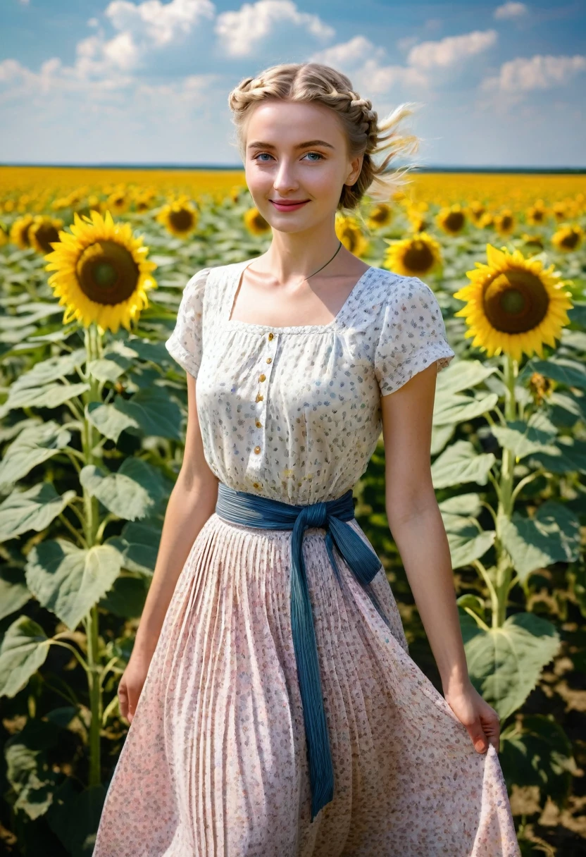 8K quality, ultra-high definition realistic, 1940s Ukraine, Ukrainian plains after WWII, wide sunflower fields, short summer, fine weather, thin clouds, summer sunshine, deep shadows, a Ukrainian woman, young and beautiful, blonde hair braided and tied up, slim and small chest, light and cool dress, skirt with fine pleats, cute dress with pale pink fine floral pattern on white background, thin and blue belt, her eyes are green, eyelashes are long, bright eyes, she is smiling and coming towards us with sunflower fields in the background, gentle breeze blowing her skirt, beautiful, artistic, masterpiece.