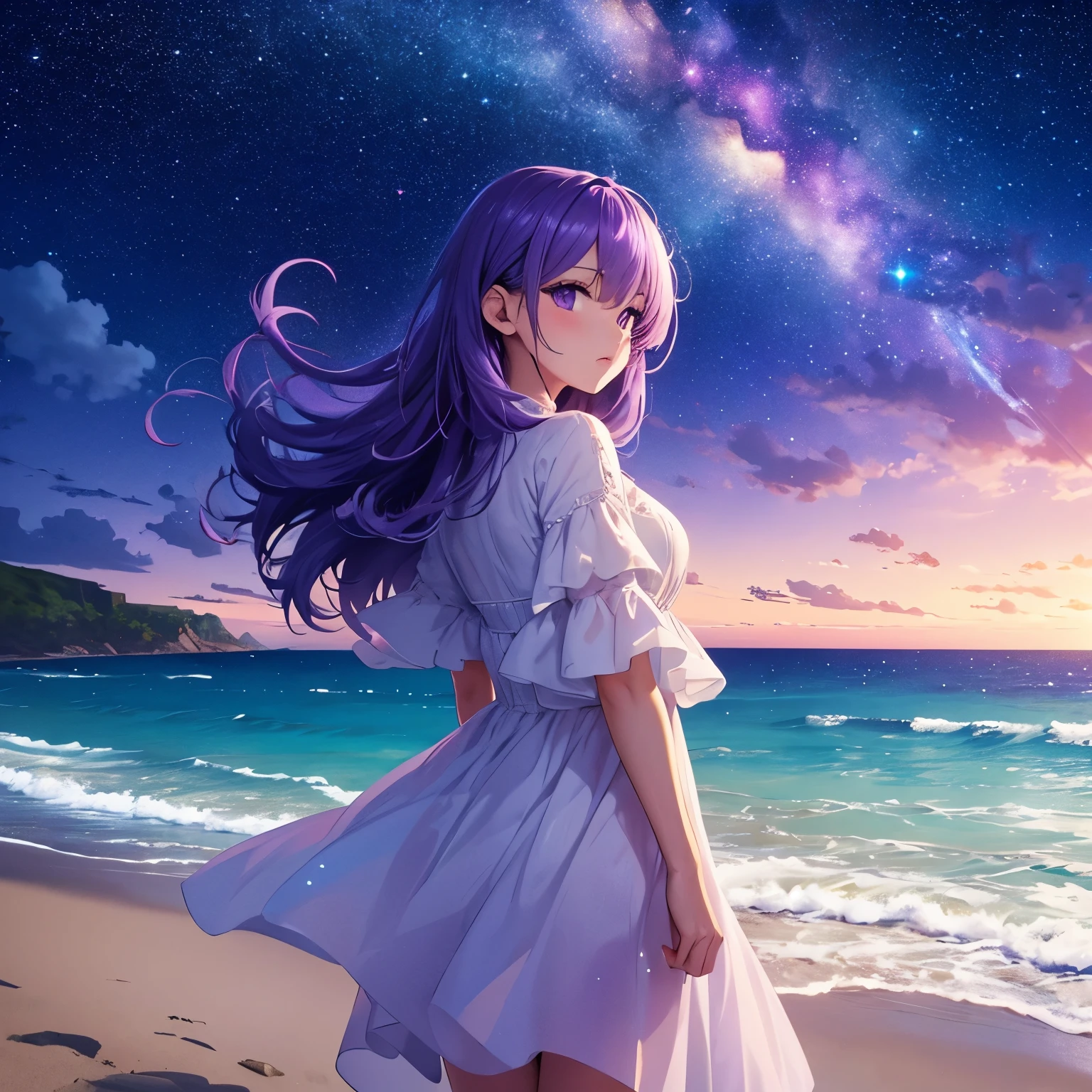 background((Sea side、Sandy Beach))、((Highest quality)), ((masterpiece)), (detailed), Sea of night,Starry Sky,One girl, Hair blowing in the wind, Sparkle Effect, I want to cry, Purple Hair, White dress