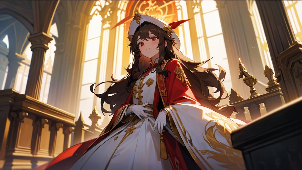 in front of the altar of a majestic church, casting judgement with magic, her voice echoing beautifully. Magic gathers around her, enveloping her in a holy aura as she chants, girl with long brown hair, Classic White ballgown、long red embroidered gloves, pope's clothing and hat, long hair, ceremonial robes, mass vestments, enormous puffy sleeves, long cuffs with many buttons, golden embroidery, cross details, Long Train, lots of frills and lace, red capes, gently reaches out to you, gentle smile
