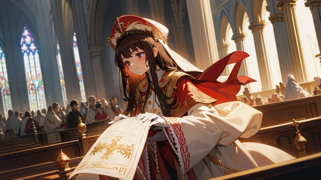 in front of the altar of a majestic church, casting judgement with magic, her voice echoing beautifully. Magic gathers around her, enveloping her in a holy aura as she chants, girl with long brown hair, Classic White ballgown、long red embroidered gloves, pope's clothing and hat, long hair, ceremonial robes, mass vestments, enormous puffy sleeves, long cuffs with many buttons, golden embroidery, cross details, Long Train, lots of frills and lace, red capes, gently reaches out to you, gentle smile