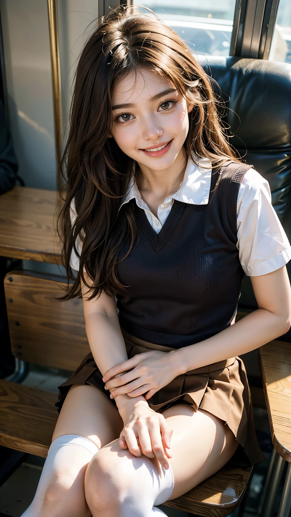 Highest quality, masterpiece, Ultra-high resolution,8k, (Realistic:1.6),((Lots of high school girls)), (Portrait of a child commuting to school:1.4)),((Sitting at a desk smiling and chatting with friends)),Slim Body,Sexy thighs,((Brainstorming Photo:1.2)),RAW Photos,((Smiling with teeth showing)),((Branded high school uniforms,Check mini skirt,Below the knee socks)),((Cute face)),Slim 18 year old adult female ,((Brown hair hair)),Face Focus:1.4,