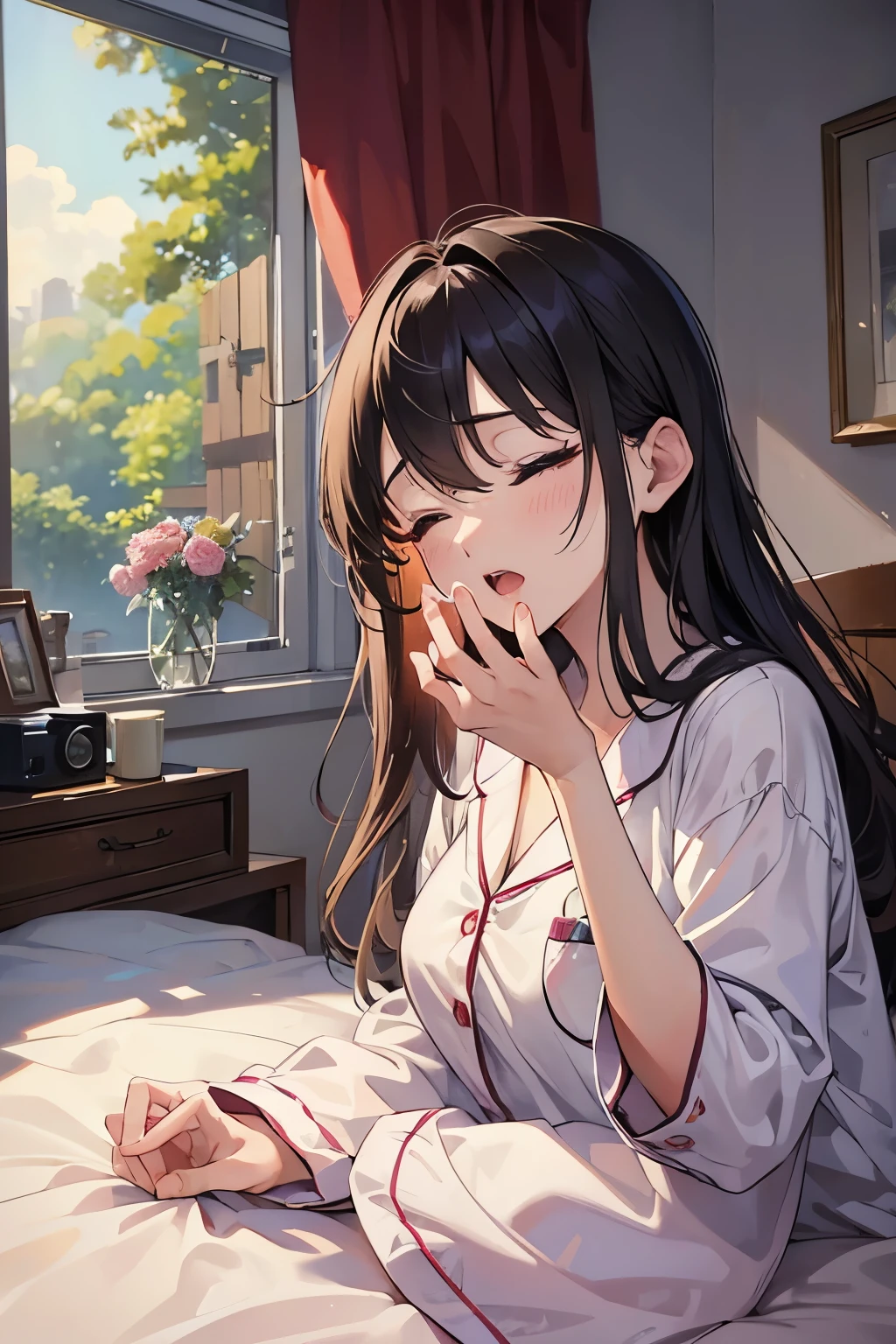 (masterpiece, Highest quality), Beauty、28 years old、pajamas、Sexy、Bedroom、Adorable expression、Waking up、Looks sleepy、Wake up the body、Put your hand over your mouth、Close your eyes、Upper Body、yawn loudly、