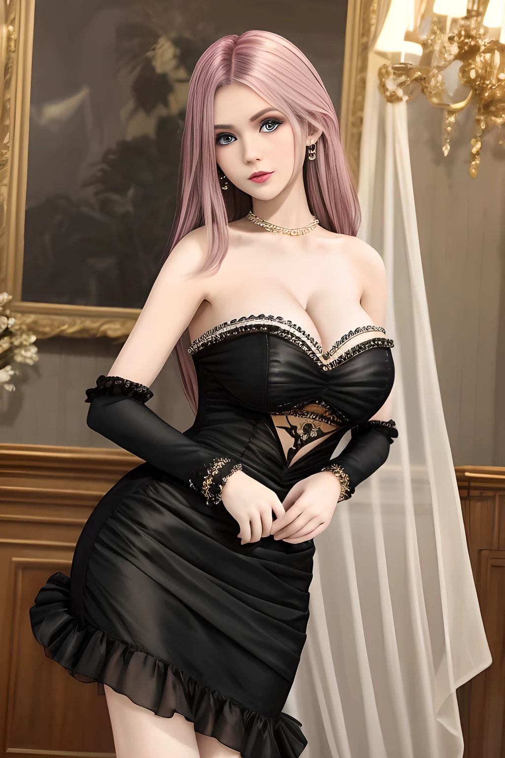 1girl is wearing an elegant black strapless dress. The dress is beautifully designed with ruching on the bodice and a cascading ruffled asymmetrical hem, adding a playful and chic touch to the outfit. The person is standing upright, with one hand gently touching their leg and the other hand relaxed by their side. The background is plain and neutral, drawing attention to the dress itself. The lighting is soft, highlighting the details of the dress and creating a fashionable and stylish atmosphere,, huge breasts, elise