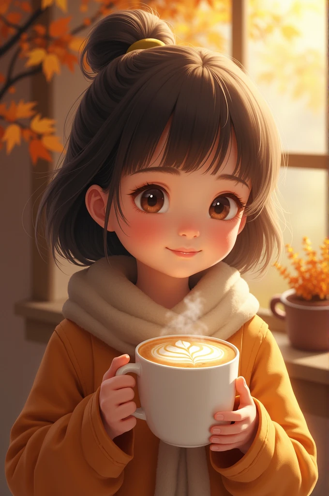 A girl holding the first cup of milk tea in autumn