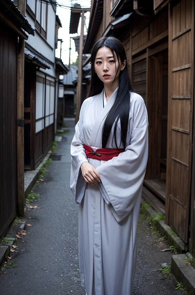 Create a realistic horror movie promotional photo inspired by Japanese horror movies like 'Ju-On.' The image should be vertical (9:16 aspect ratio) and depict a terrifying female yokai with long hair and a gray face in a traditional Japanese kimono. She should be shown from head to toe in a bizarre, unsettling pose. The background should be an Edo period setting commonly used in horror movies, featuring old, dimly lit wooden structures, narrow alleyways, and eerie shadows. Ensure the image is highly detailed and lifelike.